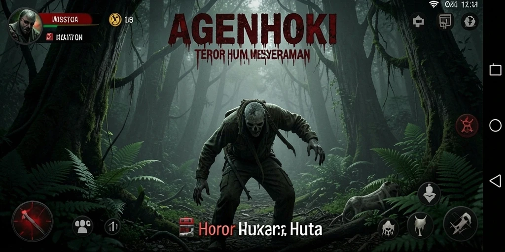 Tampilan antarmuka <strong>AGENHOKI</strong> yang mencekam dan menarik saat menjelajahi hutan.